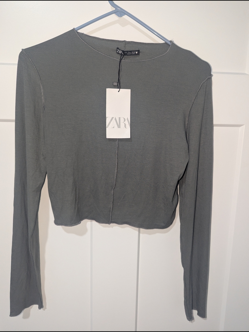 Zara Olive Green/Grey Cropped Long Sleeve Top